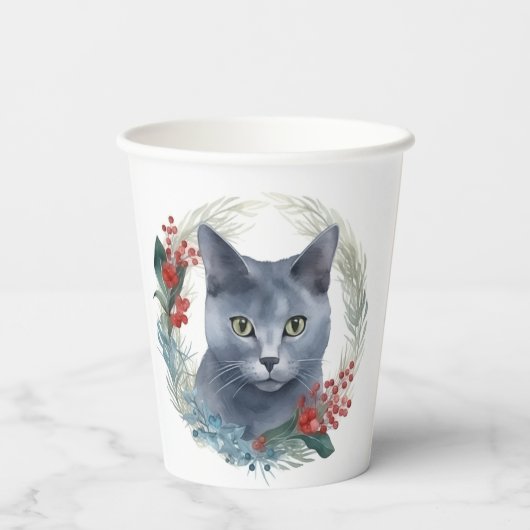 Russisch Blauwe Kat Kerstkrans Feestelijke Kitten Papieren Bekers (Achterkant)
