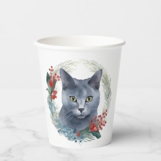 Russisch Blauwe Kat Kerstkrans Feestelijke Kitten Papieren Bekers (Voorkant)