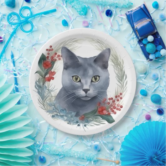 Russisch Blauwe Kat Kerstkrans Feestelijke Kitten Papieren Bordje (Feest)