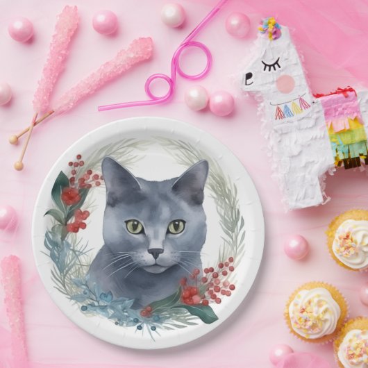 Russisch Blauwe Kat Kerstkrans Feestelijke Kitten Papieren Bordje (Feest)