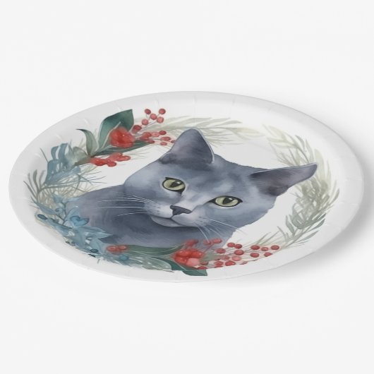 Russisch Blauwe Kat Kerstkrans Feestelijke Kitten Papieren Bordje (Gekanteld)