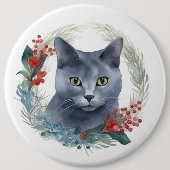Russisch Blauwe Kat Kerstkrans Feestelijke Kitten Ronde Button 6,0 Cm (Voorkant)