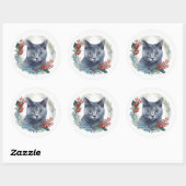 Russisch Blauwe Kat Kerstkrans Feestelijke Kitten Ronde Sticker (Vel)