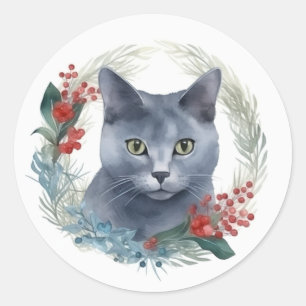 Russisch Blauwe Kat Kerstkrans Feestelijke Kitten Ronde Sticker