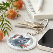 Russisch Blauwe Kat Kerstkrans Feestelijke Kitten Sleutelhanger (Voorkant Rechts)