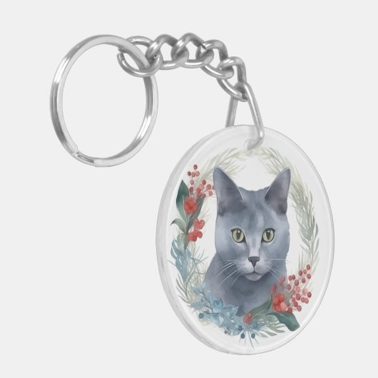 Russisch Blauwe Kat Kerstkrans Feestelijke Kitten Sleutelhanger (Voorkant Links)