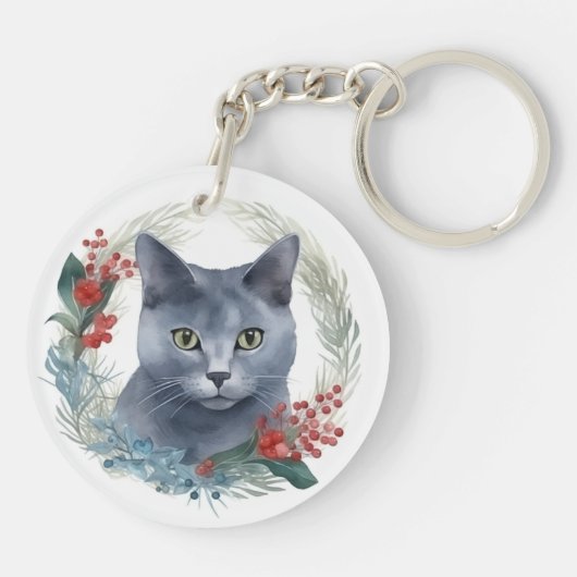 Russisch Blauwe Kat Kerstkrans Feestelijke Kitten Sleutelhanger (Achterkant)