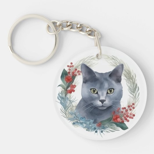 Russisch Blauwe Kat Kerstkrans Feestelijke Kitten Sleutelhanger (Voorkant)