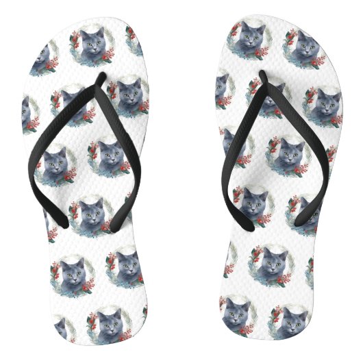 Russisch Blauwe Kat Kerstkrans Feestelijke Kitten Teenslippers (Voetbed)