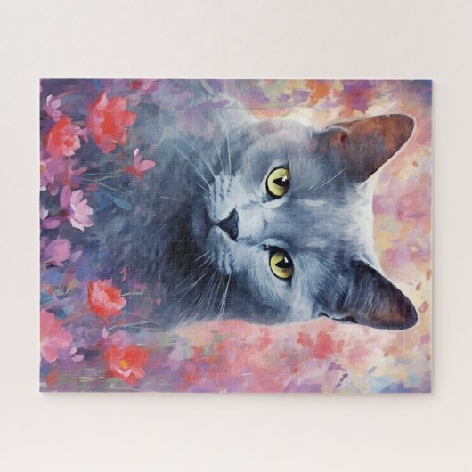 Russisch Blauwe kat kleurrijke waterverf kunstwerk Legpuzzel (Horizontaal)