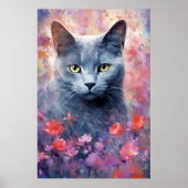 Russisch Blauwe kat kleurrijke waterverf kunstwerk Poster (Voorkant)