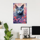 Russisch Blauwe kat kleurrijke waterverf kunstwerk Poster (Thuiskantoor)