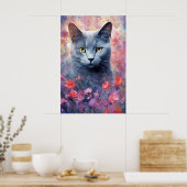 Russisch Blauwe kat kleurrijke waterverf kunstwerk Poster (Keuken)