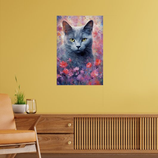 Russisch Blauwe kat kleurrijke waterverf kunstwerk Poster (Woonkamer 2)