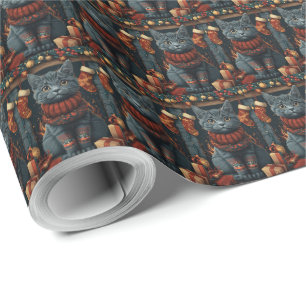 Russisch Blauwe Kat Met Kerstcadeaus Haard Cadeaupapier