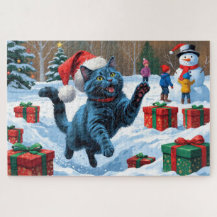Russisch Blauwe Kat Rent Door Sneeuw met Kerstmuts Legpuzzel