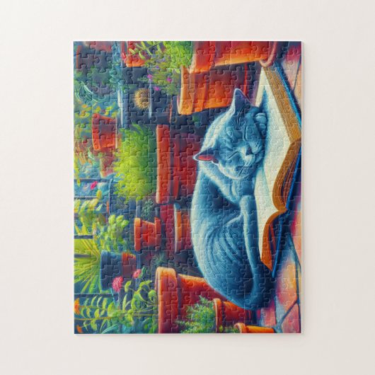 Russisch Blauwe Kat Slapen op een Boek Schilderij Legpuzzel (Verticaal)