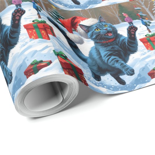 Russisch Blauwe Kat Sneeuw met Kerst Pet Cadeaupapier (Rol Hoek)
