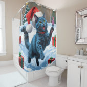 Russisch Blauwe Kat Sneeuw met Kerst Pet Douchegordijn (In situ)