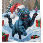 Russisch Blauwe Kat Sneeuw met Kerst Pet Douchegordijn (Voorkant)