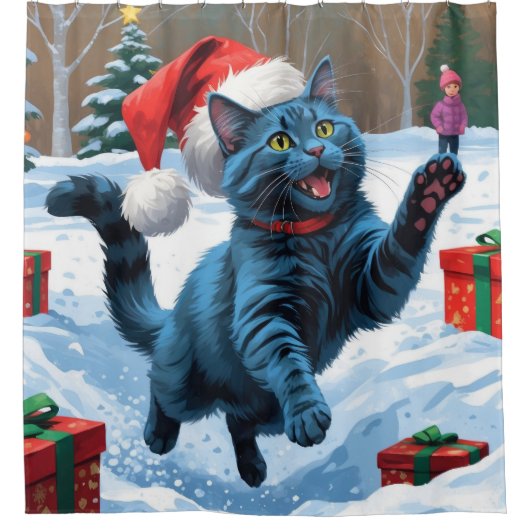 Russisch Blauwe Kat Sneeuw met Kerst Pet Douchegordijn (Voorkant)
