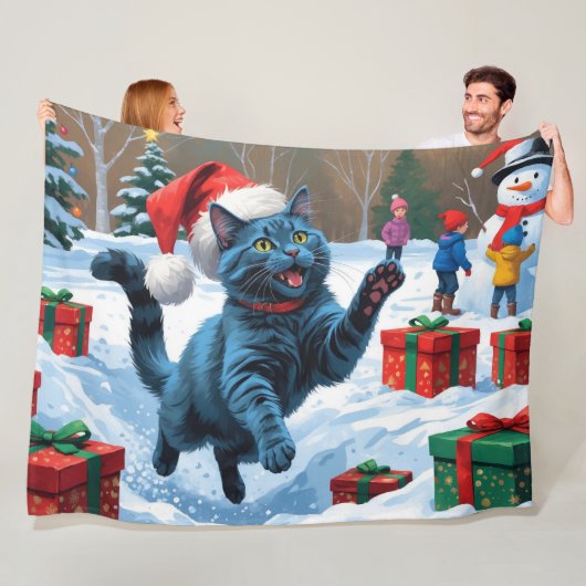Russisch Blauwe Kat Sneeuw met Kerst Pet Fleece Deken (In situ)