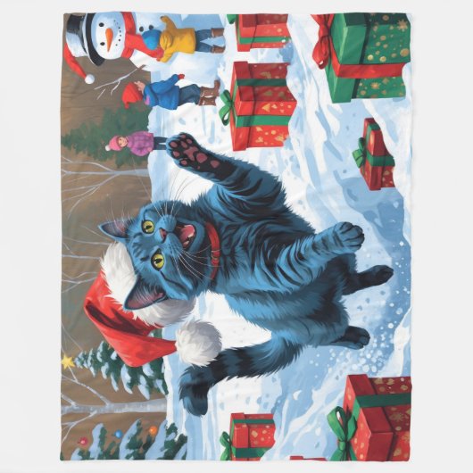 Russisch Blauwe Kat Sneeuw met Kerst Pet Fleece Deken (Voorkant)