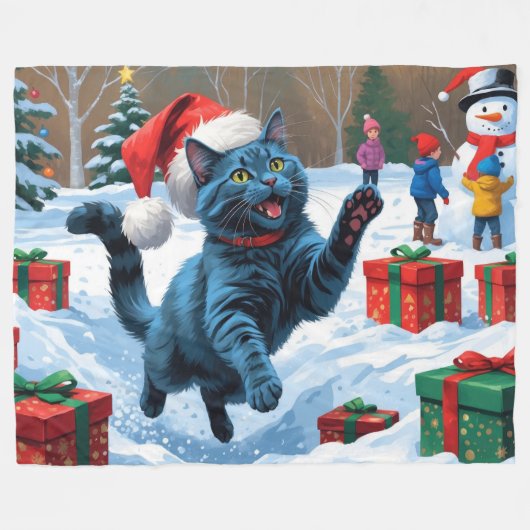 Russisch Blauwe Kat Sneeuw met Kerst Pet Fleece Deken (Voorkant (Horizontaal))