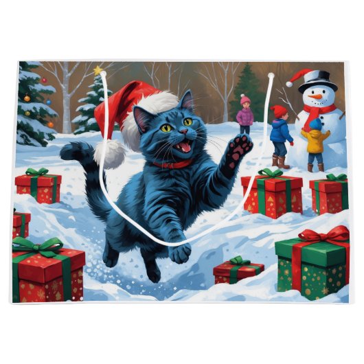 Russisch Blauwe Kat Sneeuw met Kerst Pet Groot Cadeauzakje (Voorkant)
