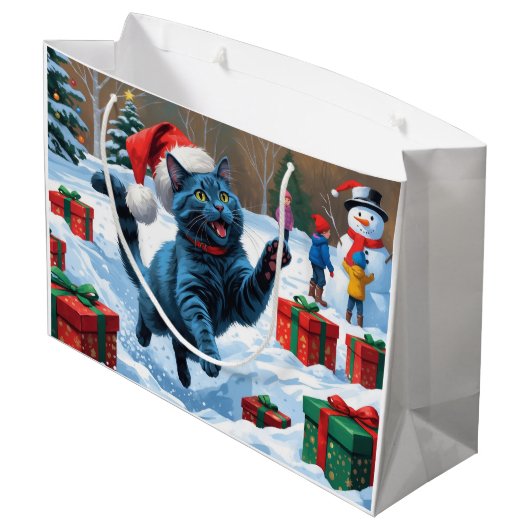 Russisch Blauwe Kat Sneeuw met Kerst Pet Groot Cadeauzakje (Achterkant Gekanteld)