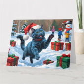 Russisch Blauwe Kat Sneeuw met Kerst Pet Kaart (Voorkant)