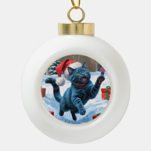Russisch Blauwe Kat Sneeuw met Kerst Pet Keramische Bal Ornament