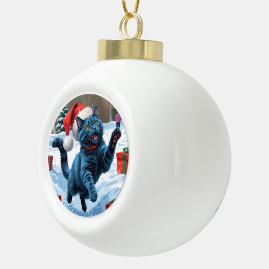 Russisch Blauwe Kat Sneeuw met Kerst Pet Keramische Bal Ornament (Rechts)