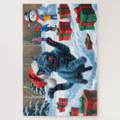 Russisch Blauwe Kat Sneeuw met Kerst Pet Legpuzzel (Verticaal)