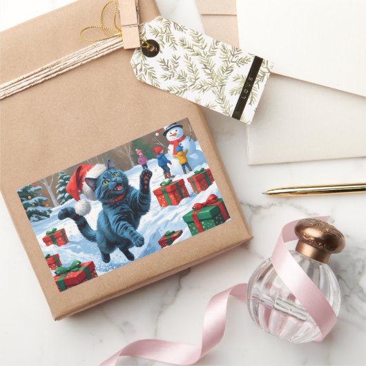 Russisch Blauwe Kat Sneeuw met Kerst Pet Rechthoekige Sticker (Geschenken)
