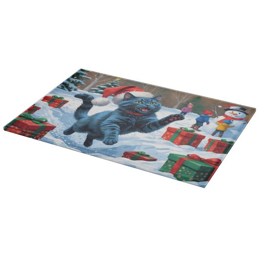 Russisch Blauwe Kat Sneeuw met Kerst Pet Snijplank (Hoek)