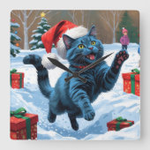 Russisch Blauwe Kat Sneeuw met Kerst Pet Vierkante Klok (Voorkant)