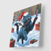 Russisch Blauwe Kat Sneeuw met Kerst Pet Vierkante Klok (Hoek)
