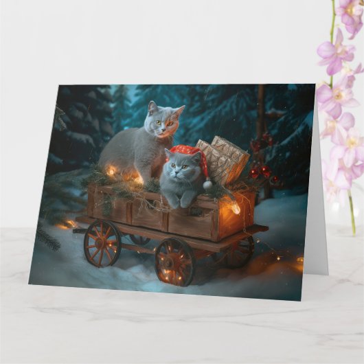Russisch Blauwe Kat Sneeuw Sleebells Kerst Decor Kaart (Orchidee)