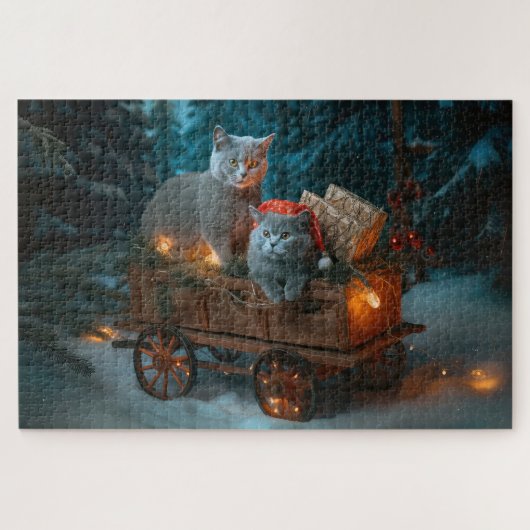 Russisch Blauwe Kat Sneeuw Sleebellsen Kerst Decor Legpuzzel (Horizontaal)