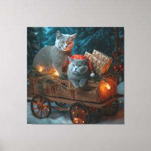 Russisch Blauwe Kat Sneeuwrijke slee Kerst Decorat Canvas Afdruk