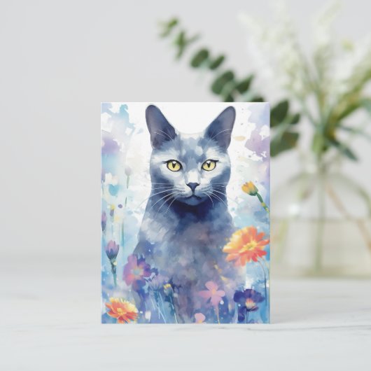 Russisch Blauwe Kat waterverf kunst Briefkaart (Staand voorkant)