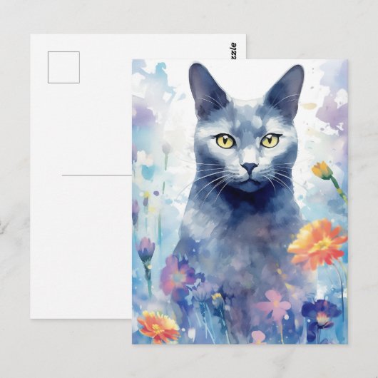 Russisch Blauwe Kat waterverf kunst Briefkaart (Voorkant / Achterkant)