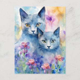 Russisch Blauwe Katten Bloemenveld Briefkaart