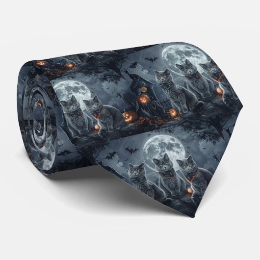 Russisch Blauwe Katten Halloween Griezelen Stropdas (Opgerold)