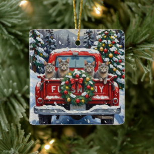 Russisch Blauwe Katten Kerst Rode Truck Vakantie Keramisch Ornament
