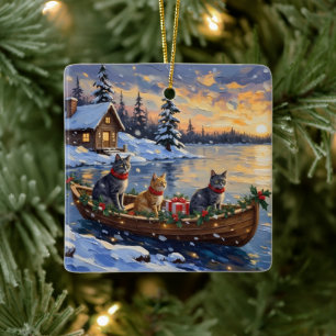 Russisch Blauwe Katten Kerstboot Vakantie Keramisch Ornament