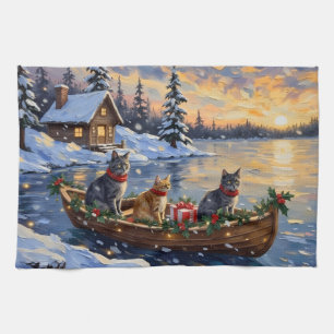 Russisch Blauwe Katten Kerstboot Vakantie Theedoek