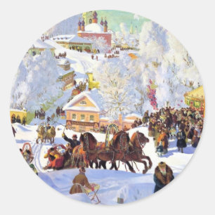 Russisch dorp in de winter ronde sticker