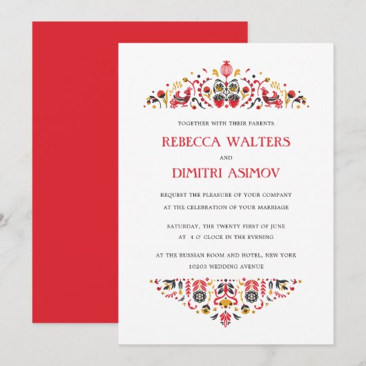 Russisch Folk Art Khokhloma Flower Wedding Invita Kaart (Voorkant / Achterkant)